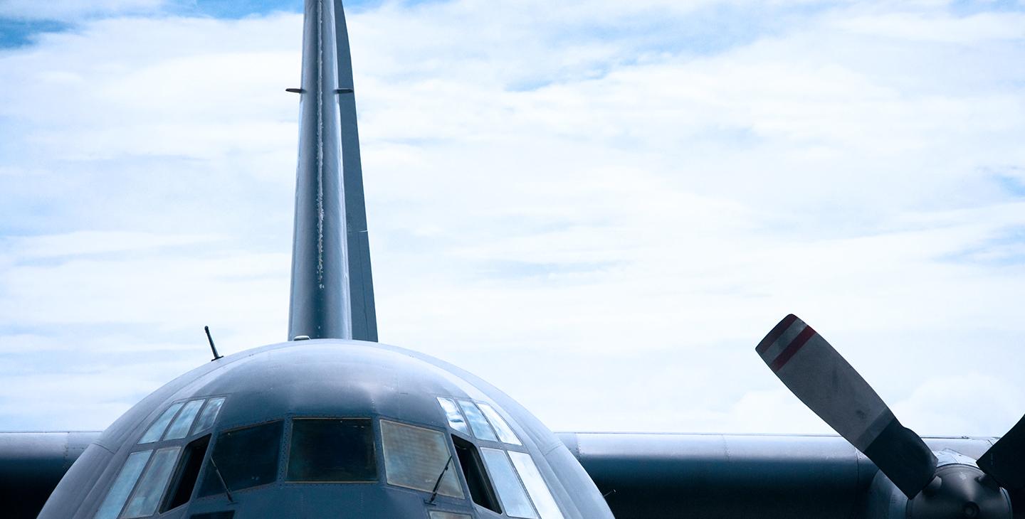 Close-up frontal view of a parked C-130 aircraft